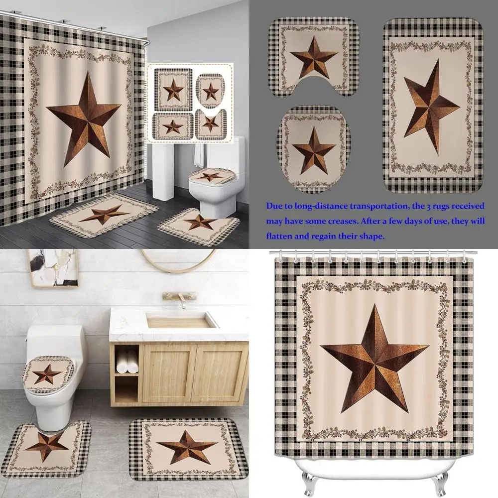 

4-piece rustic western star shower curtain set in black, beige, and buffalo plaid pattern