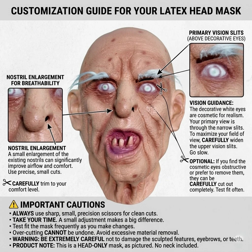Realistische Horror-Maske eines alten Mannes aus Latex mit faltigem Gesicht, krummen Zähnen und weißen Augenbrauen, gruseliges Halloween-Kostüm, Party-Requisite – Detail 5
