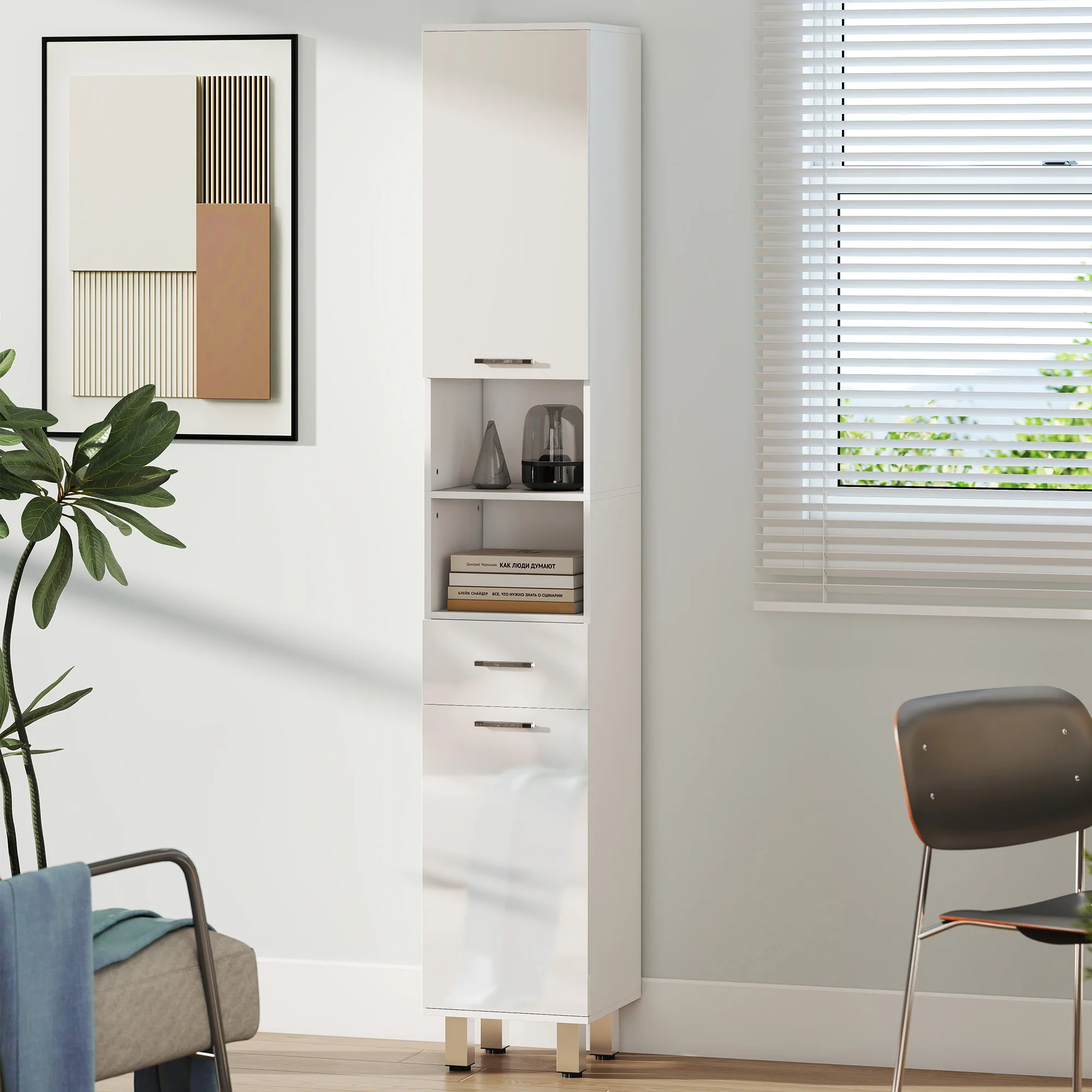 Mueble Auxiliar de Baño Moderno, Armario de Baño con 1 Cajón Ajustable en 3 Posiciones y 2 Armarios de 30x30x cm, Blanco Brillante