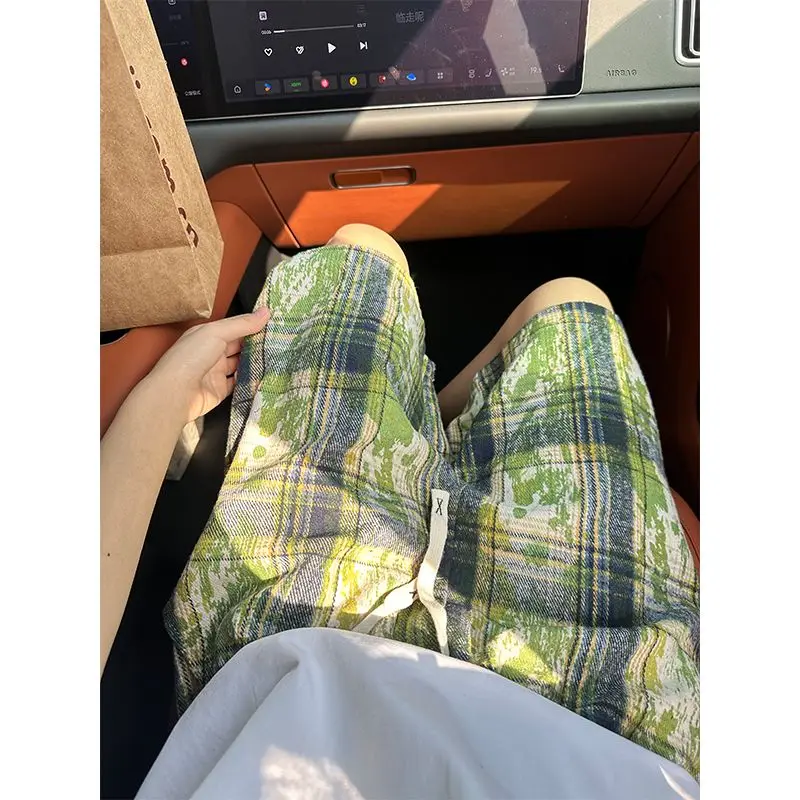 

Американские летние тонкие мужские шорты-бриджи в клетку цвета ледяной зелени, модные, широкие, для пар