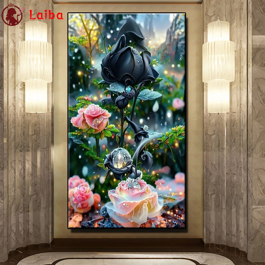 Diamond Embroidery Art Painting, Round Drill, Black Rose, Cross Stitch, Full Square, Dream Paradise, Home Decor