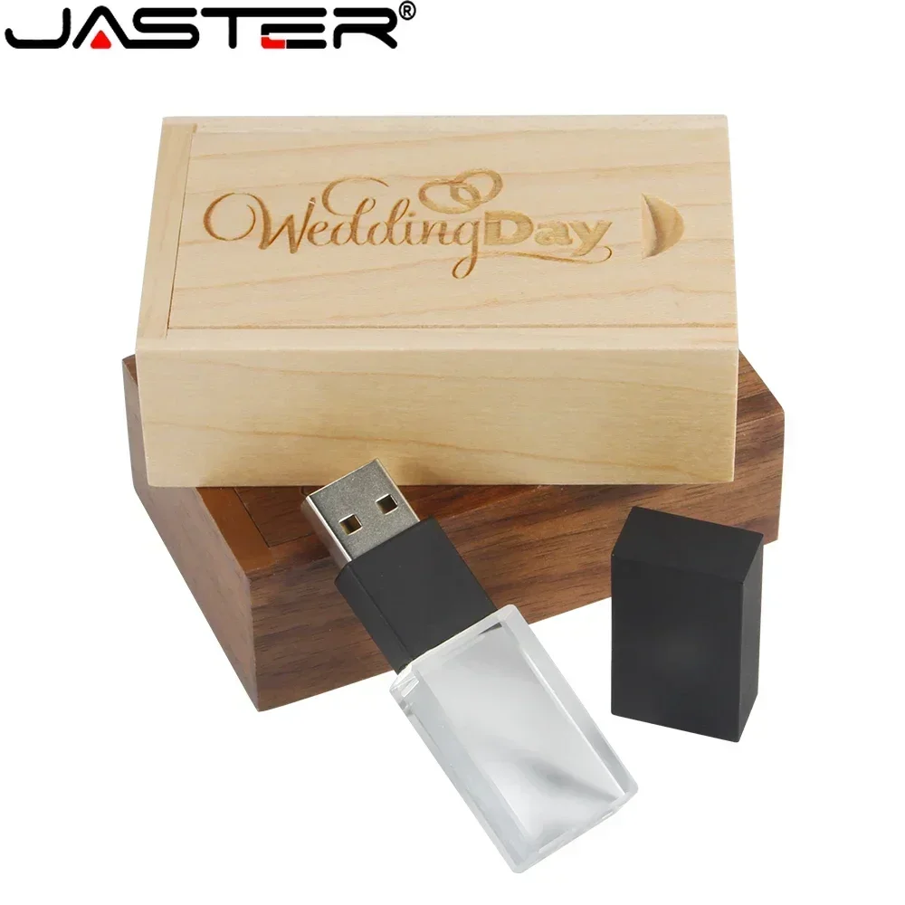 JASTER Crystal USB 2.0 Flash Drive z drewnianym pudełkiem 128GB Bezpłatne niestandardowe logo Pamięć 64GB Kreatywny prezent biznesowy Pen Drive 8GB