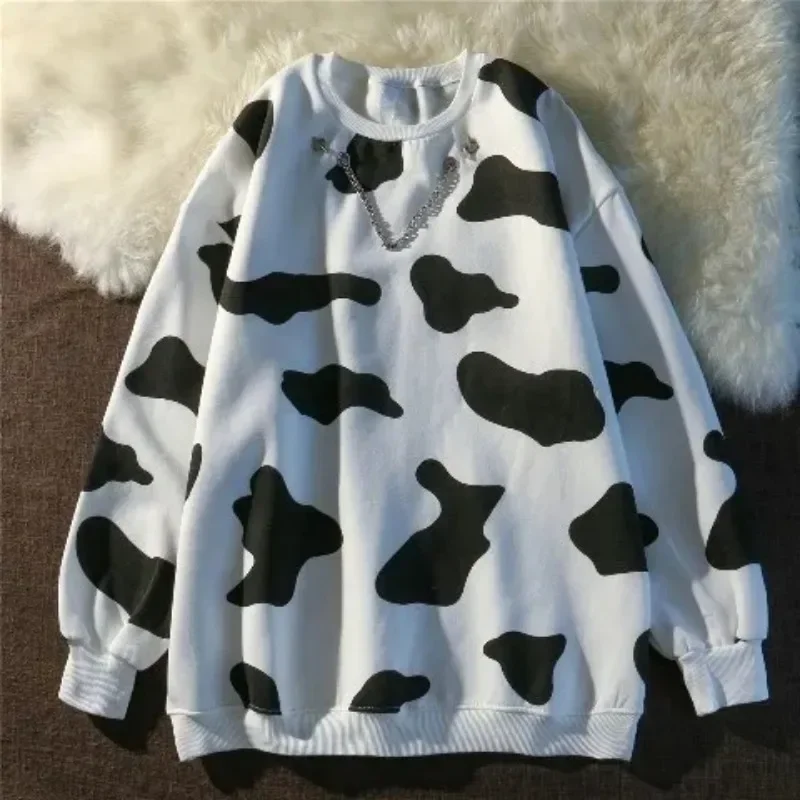 Kawaii Cow Print Sweatshirt Women Japanese Harajuku Cute Milk Embroidered Long Sleeve Hoodie Sweatshirt 2023 Fashion Korean
