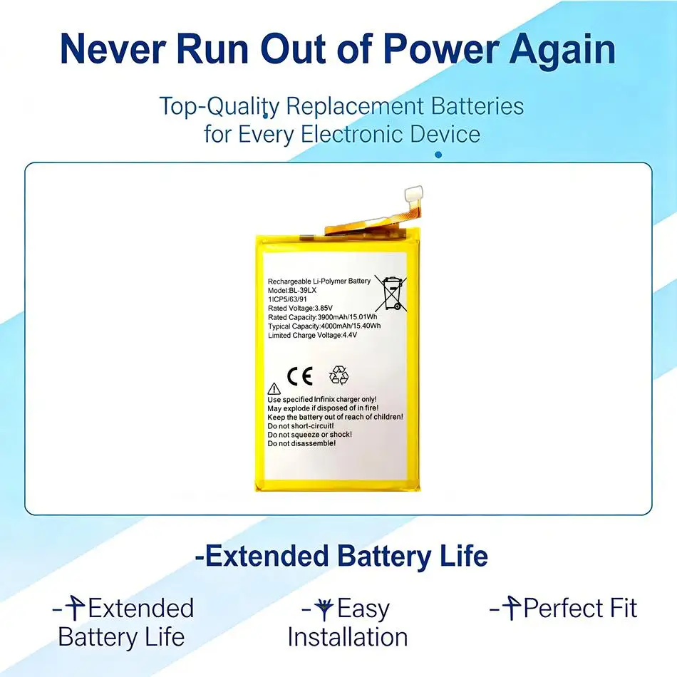 

Экологичная батарея BL-39LX 4000 мАч для Infinix X653 X652 Smart 4 S5, высокопроизводительная аккумуляторная батарея для мобильного телефона
