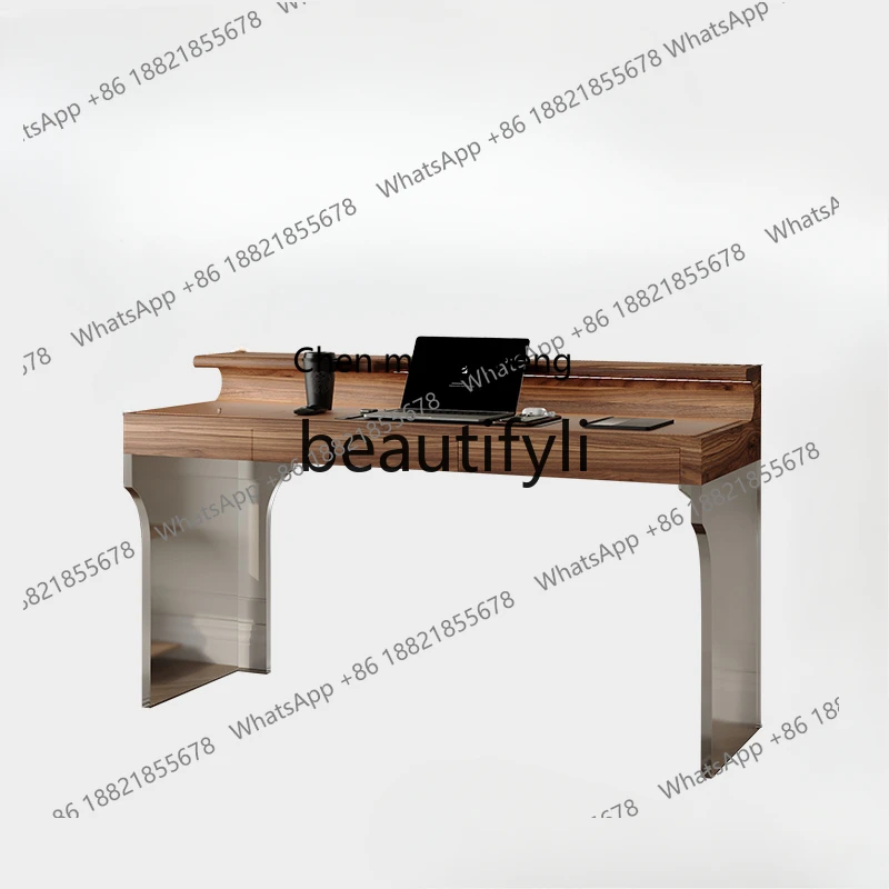 

Italian minimalist solid wood leather desk with lamp modern simple computer desk storage storage study