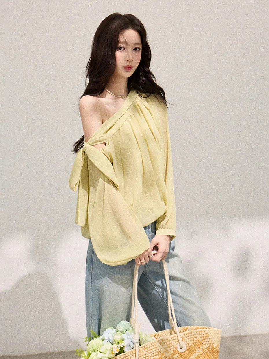 

Асимметричный шифоновый топ с открытыми плечами и длинными рукавами, женский, свободного кроя, стройнящий, тонкий, модный дизайн, весенняя коллекция, повседневная одежда