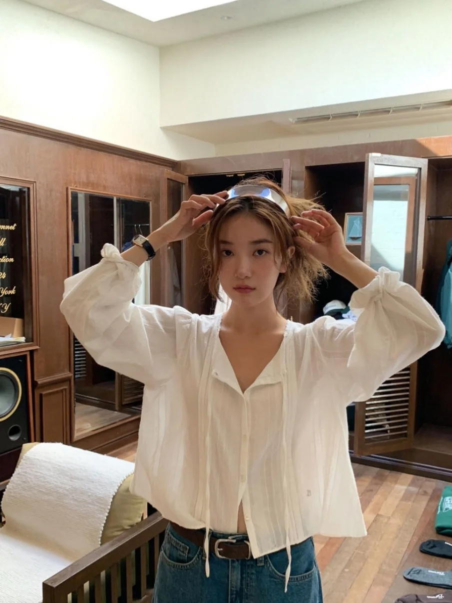 

Spring Lace Trim Belted Cotton irt Long Sve Regular Fit Premium Women's Faion by Ba Ni from Dongdaemun Ins Sle