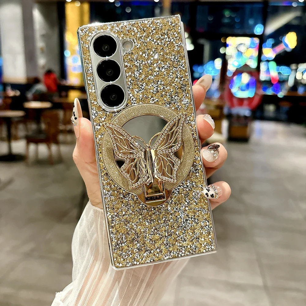 

Luxury Hard PC Electroplated Frame Phone Case for Samsung Galaxy Z Fold 7 6 5 4 with Butterfly Makeup Mirror Bracket Back Cover