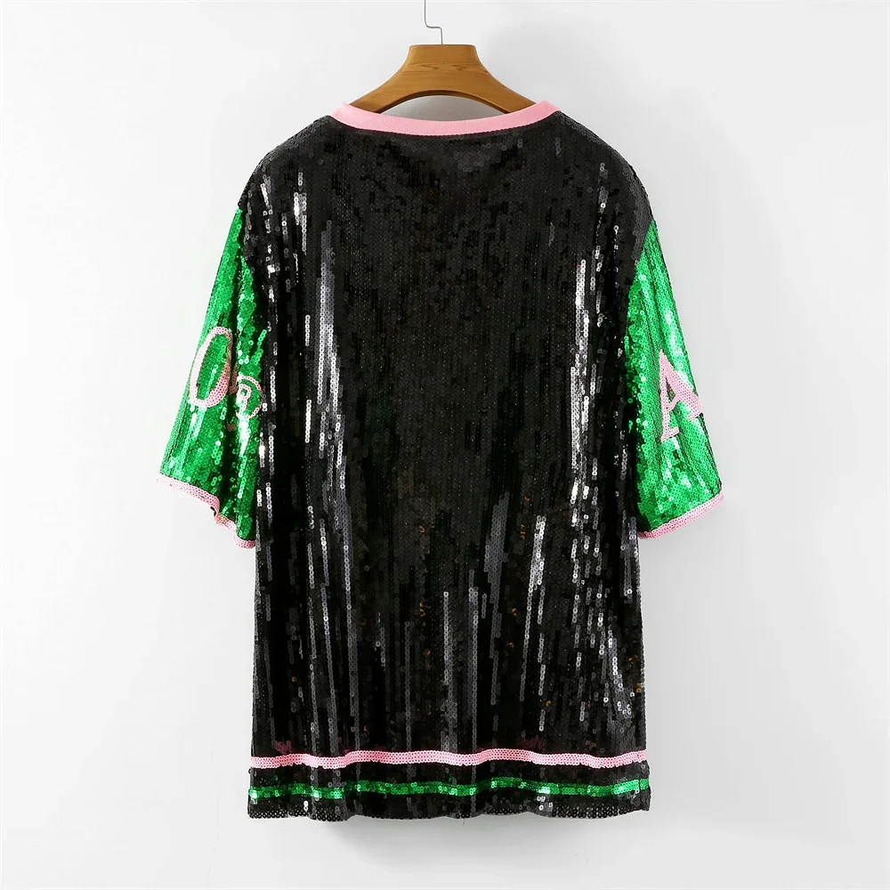 Summer New Letter Sequins Night Club Streetwear Striped Patchwork Short Sleeve T-Shirt Round Neck Hip Hop Straight Women's Tops