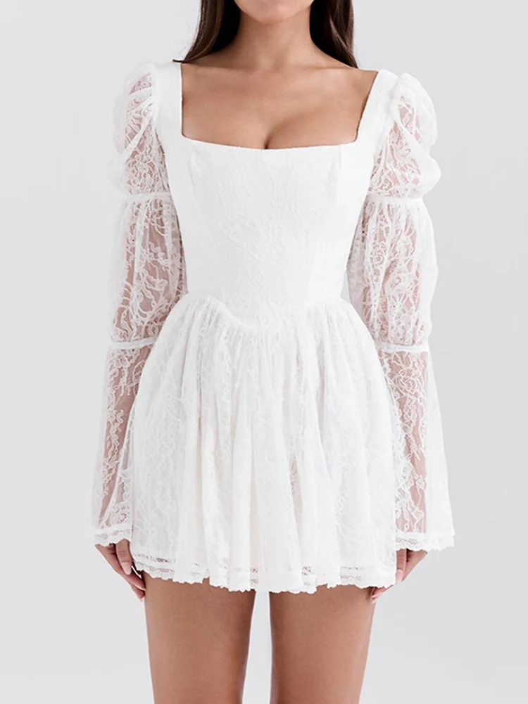 GypsyLady Lace Embroidery Chic Mini Dresses Autumn Spring Elegant Bow Long Flare Sleeve Sheer Sexy Party Women Ladies Dress New