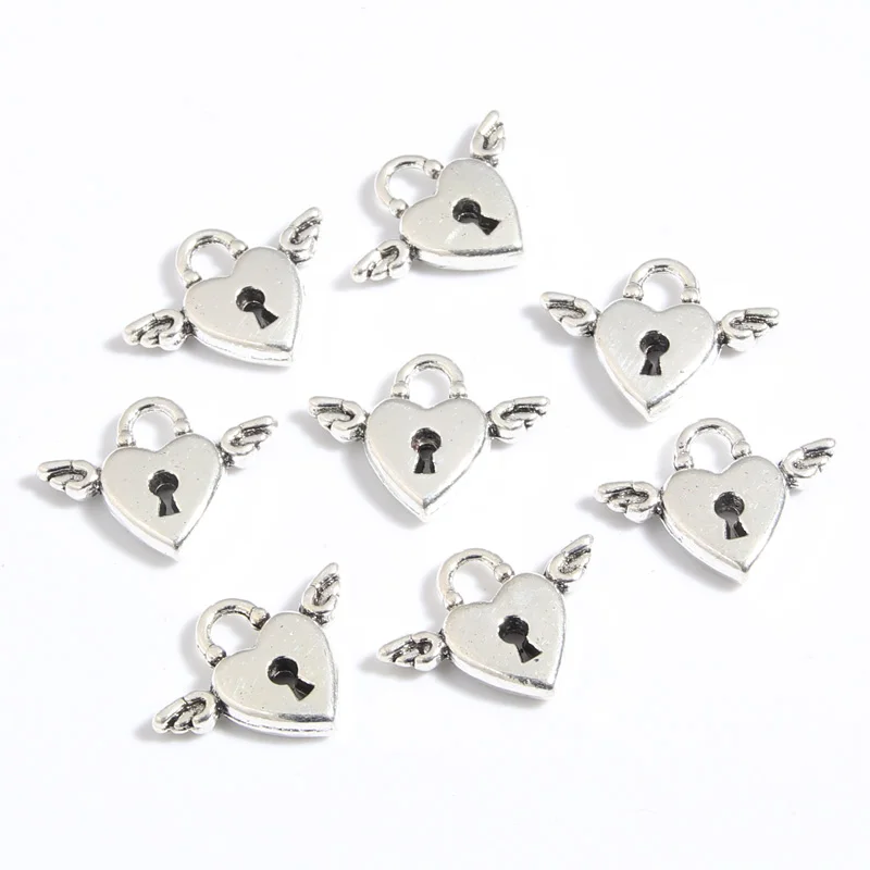 40pcs Silver Color 17x13mm Lovely Wings Lock Charms Angel Pendant Fit DIY Handmade Metal Alloy Jewelry Making Finding Supplies