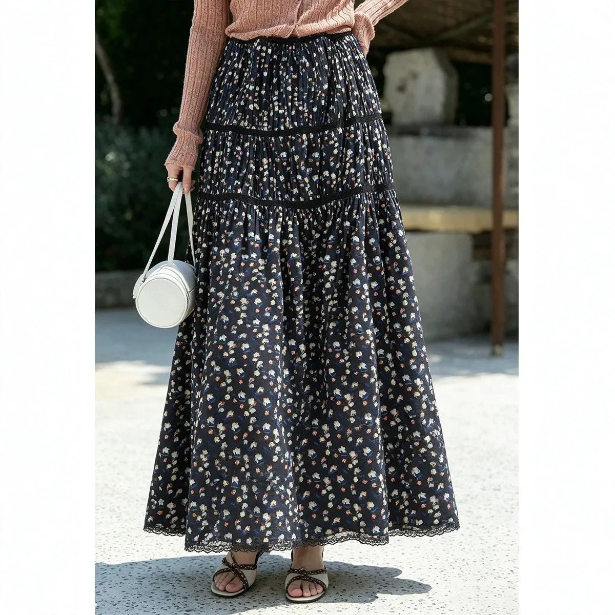 High Waist Floral Print Skirt Maxi Length Boho Vintage Women Skirt with Ruched Pleated Tiered Casual Daily Summer Date Artsy