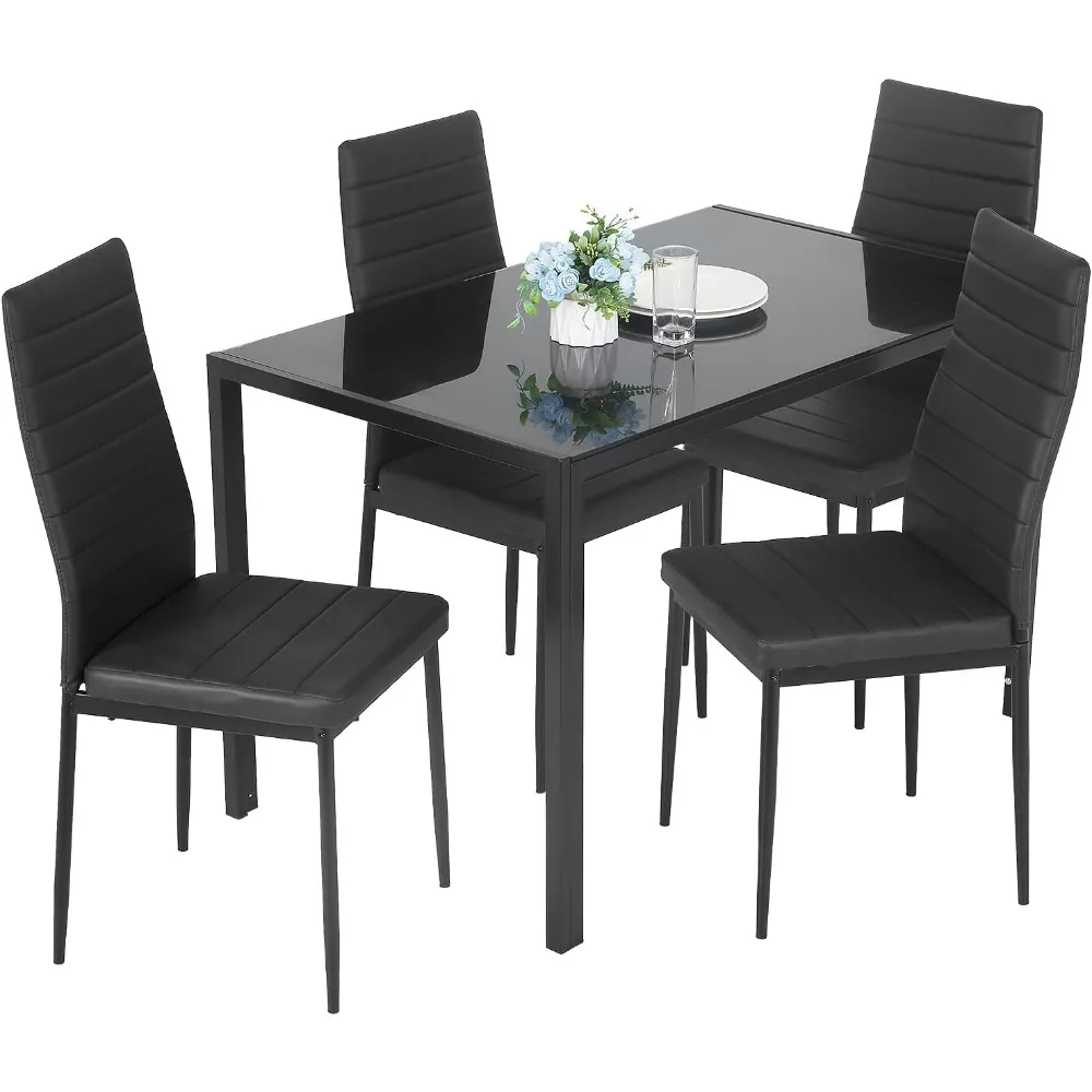 Dining Table Set 5-Piece Dining Room Glass Tabletop Table &Upholstered Chairs for 4 Modern Kitchen Table with Chairs Space-Savin