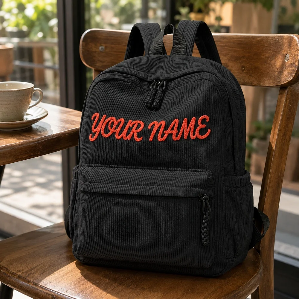 Personalized Chenille Rope Embroidered Corduroy Backpack, Custom Name School Backpack Large Capacity Casual Travel Daypack Gift
