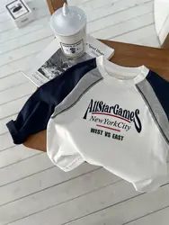 Spring Children's 2025 New Splicing Color Insertion Cotton Long Sleeve Handsome Boys' T-shirt American Loose Top Trendy