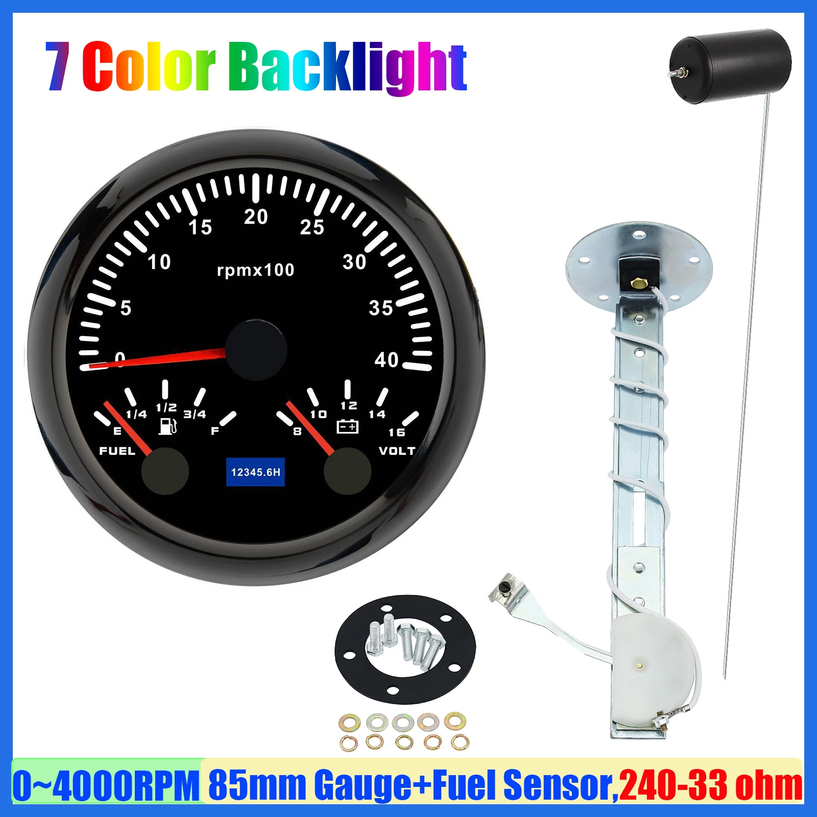 

7 Color LED Mulit-Meter 3 IN 1 85mm Tachometer+Fuel Level Gauge+Voltage with Oil Level Sensor 240-33ohm for Car Boat Yacht 12V