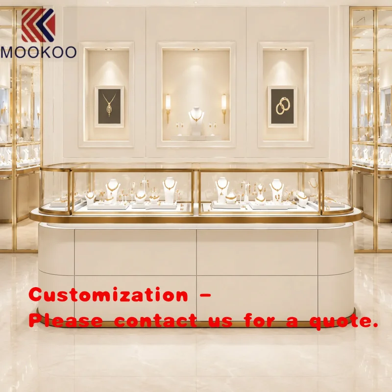 custom.Curved & Gold Glass Jewelry Island Display Counter High-End Custom Gold Jewelry Showcase