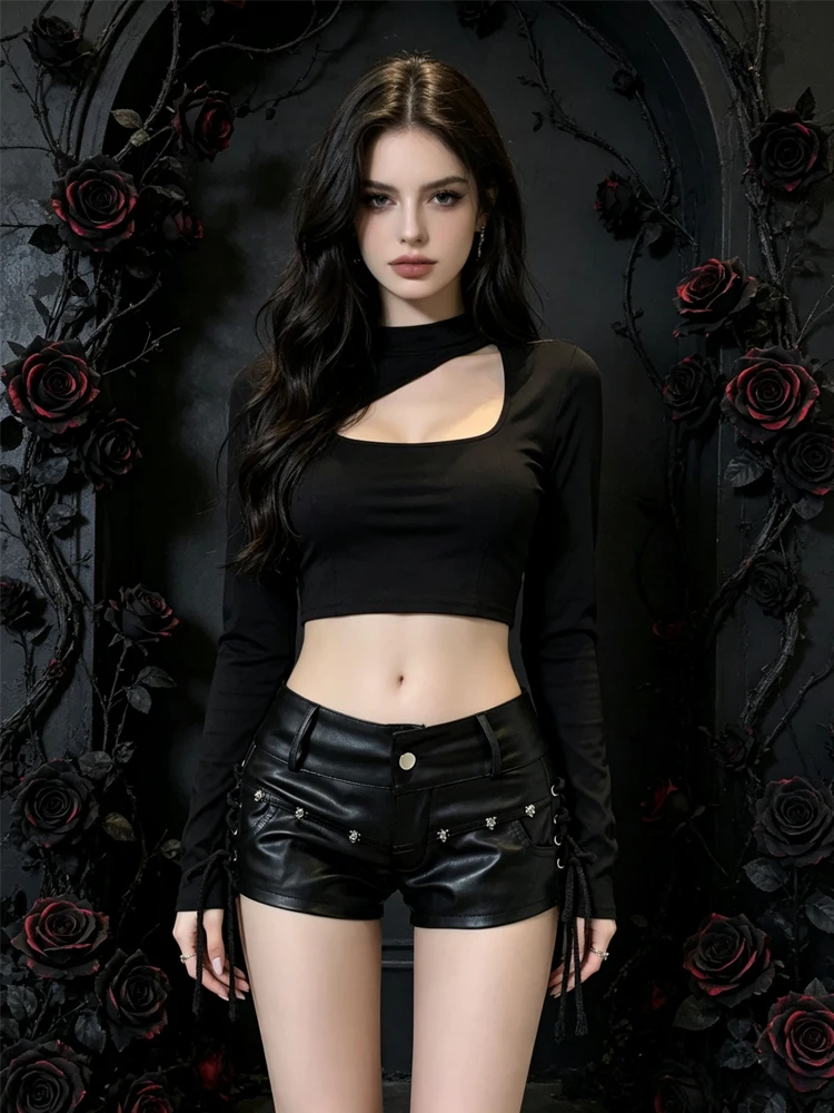 Damen Schwarze Gothic Emo Mini-Shorts Vintage 2000er Y2K Gyaru Sexy PU-Leder Stiefelshorts Niedrige Taille Hot Pants Kleidung Sommer 2026 – Detail 3