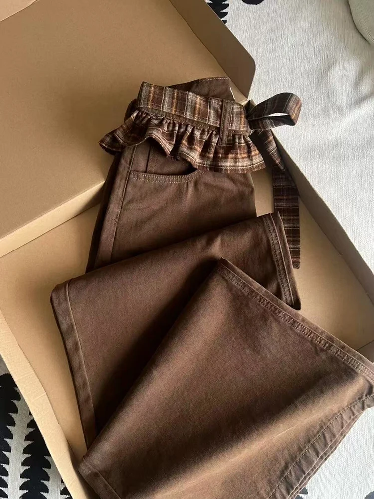 Jean café Vintage en Patchwork pour femmes, taille haute, couture à lacets, jambes larges, pantalon en Denim, Streetwear Y2K, pantalon droit