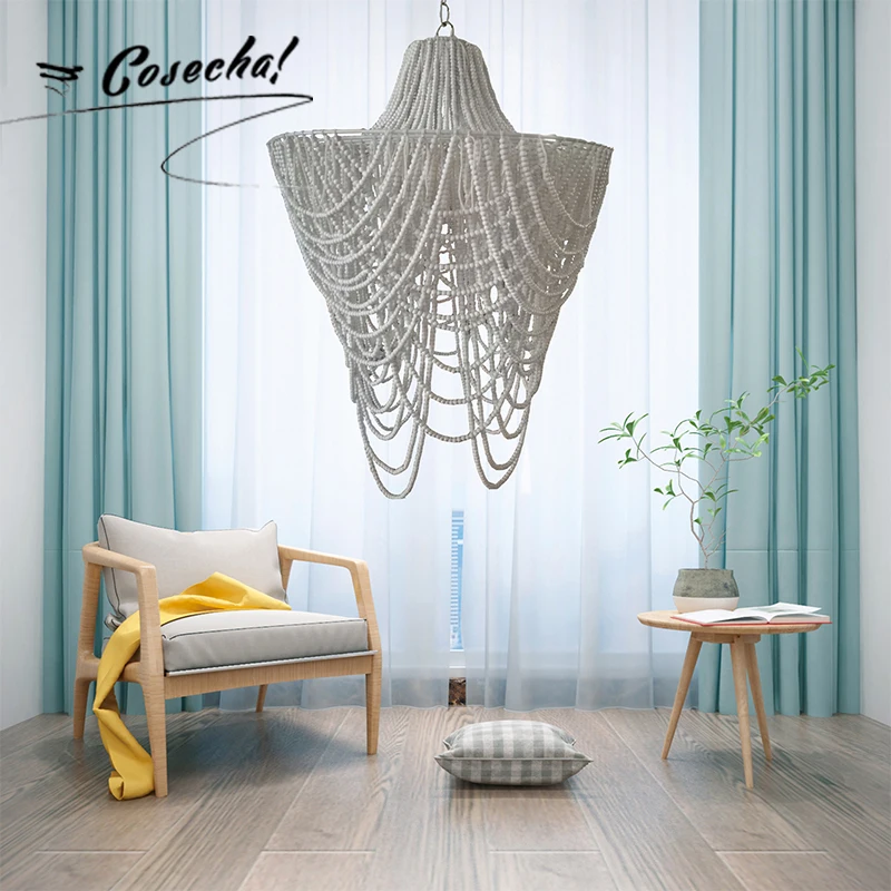 American Wooden Bead Chandelier Creative Netflix Bar Island French Bohemian Retro Chadelier For Living Room Bedroom Dining Room