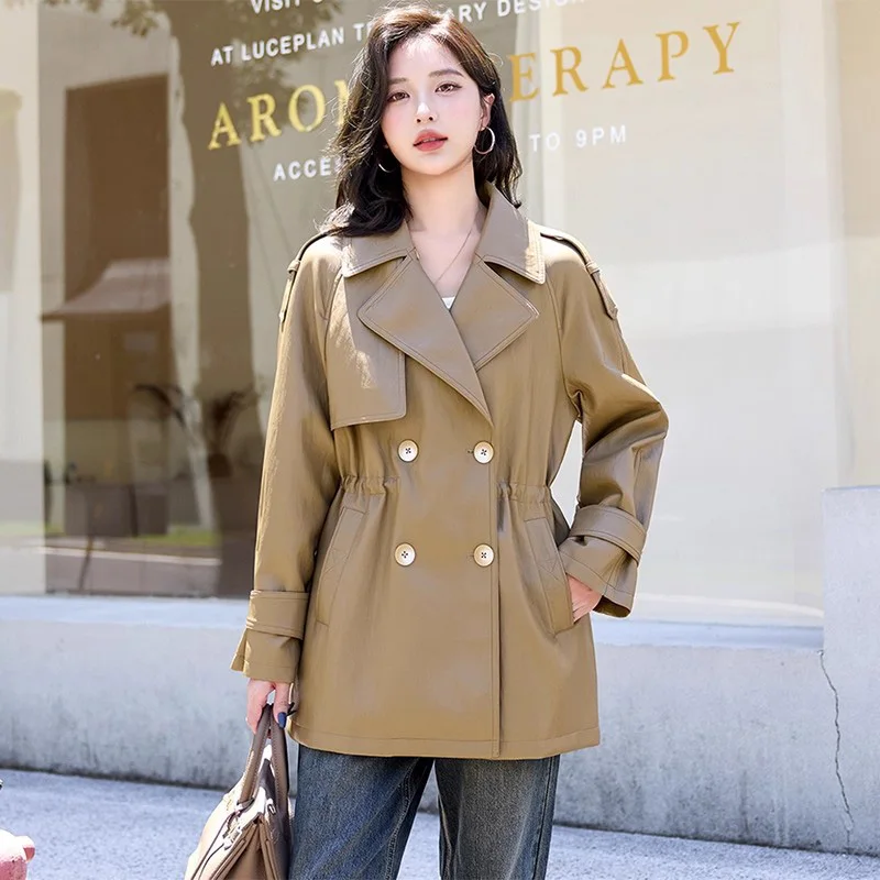 신상품 여성 캐주얼 데일리 스플릿 가죽 코트 봄 가을 패션 더블 브레스트 허리 조절 가능 루즈 가죽 트렌치 여성 아우터웨어