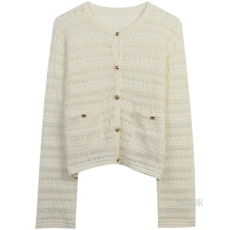 

Crochet Hollow Out White Cardigan Women 2023 Autumn Solid Color Openwork Tops Loose Thin Crewneck Long-sleeved Knitted Cardigan