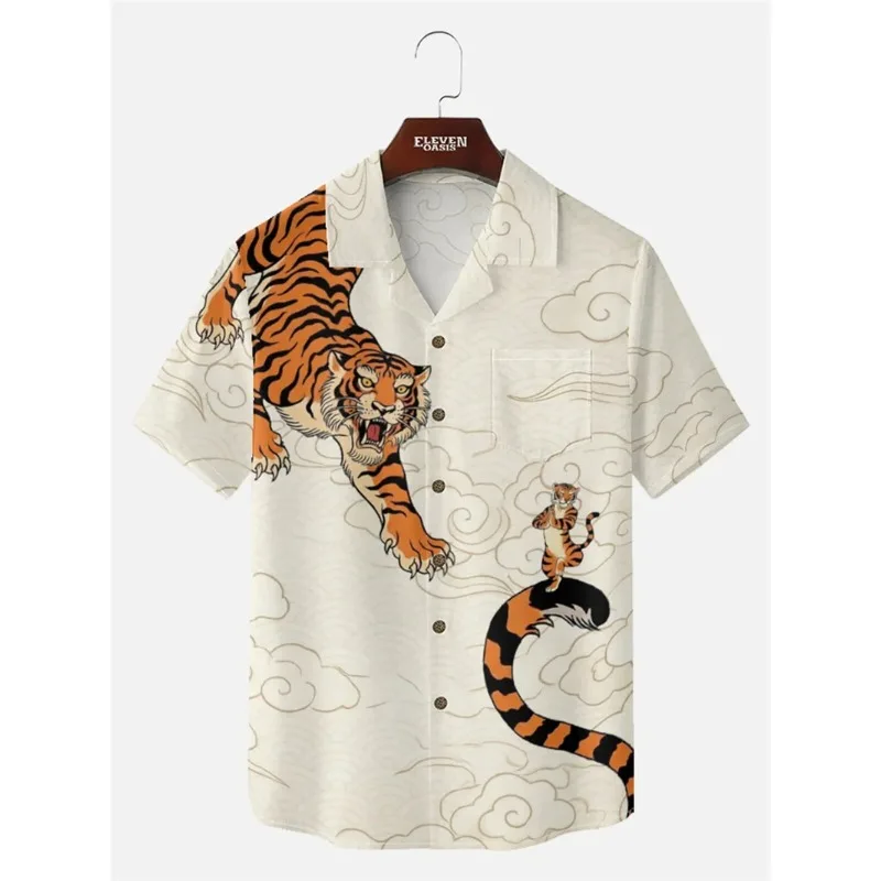 

Shirt for Man Street Retro Short Sleeves Clothes Japanese Style Ukiyoe 3D Print Men Casual Button Down Shirts Summer Fashion