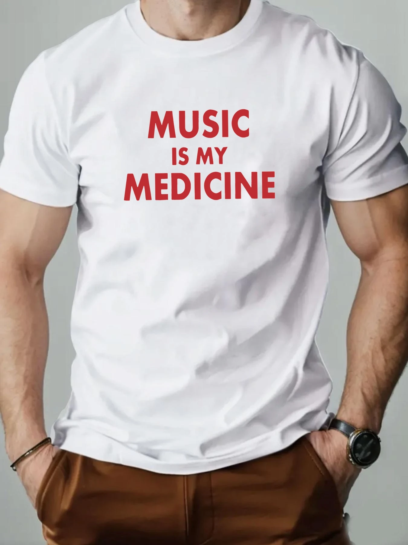 

Man‘s T-shirt Music is my medicine English Font Printing Men's Cotton O-Neck Casual Short Sleeve Summer Breathable Top Tees