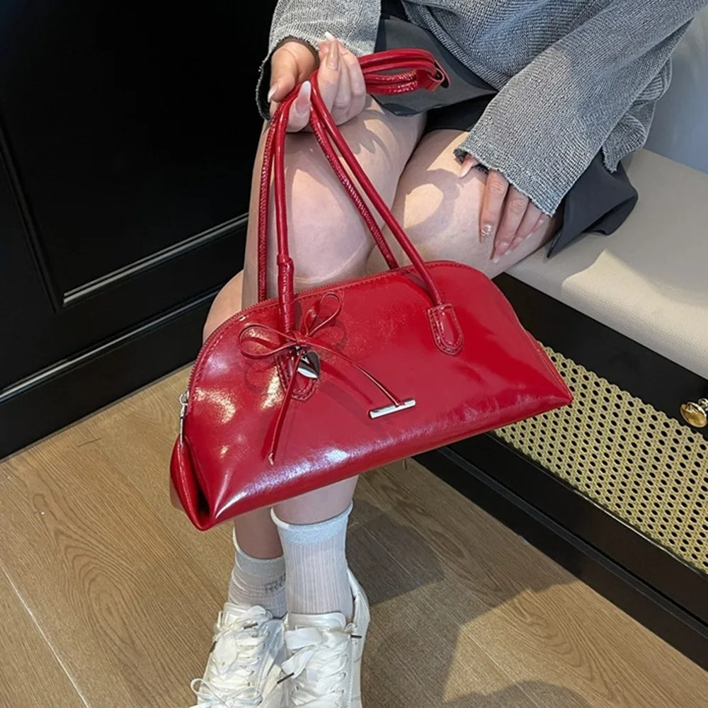 

Fashion Korean Style Plaid Underarm Pack Sweet Bowknot PU Leather Boston Shoulder Bag Casual Solid Color Women Handbag Gift