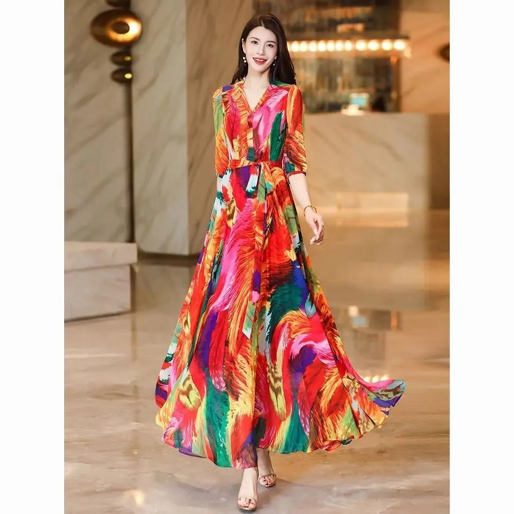 

Bohemian-style Vacation Chiffon Dress 2025 Summer Fashion Print Casual Vacation Beach A-line Large Swing Elegant Long Dress