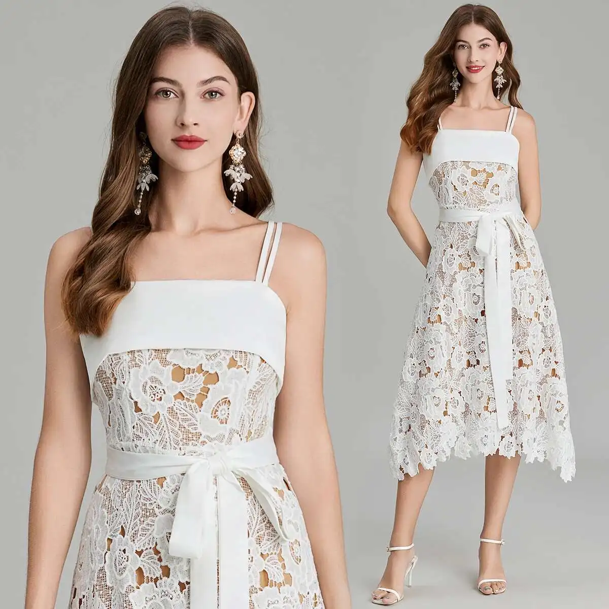 Summer Holiday Sundress Straps Sexy Backless Flower Embroidery White Lace Dress Women A Line Party Wedding Vestidos