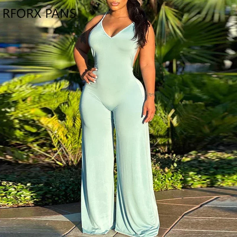 

Women Solid Spaghetti Straps Criss Cross Lace Up Backless Loose Fit Straight Sexy Jumpsuit