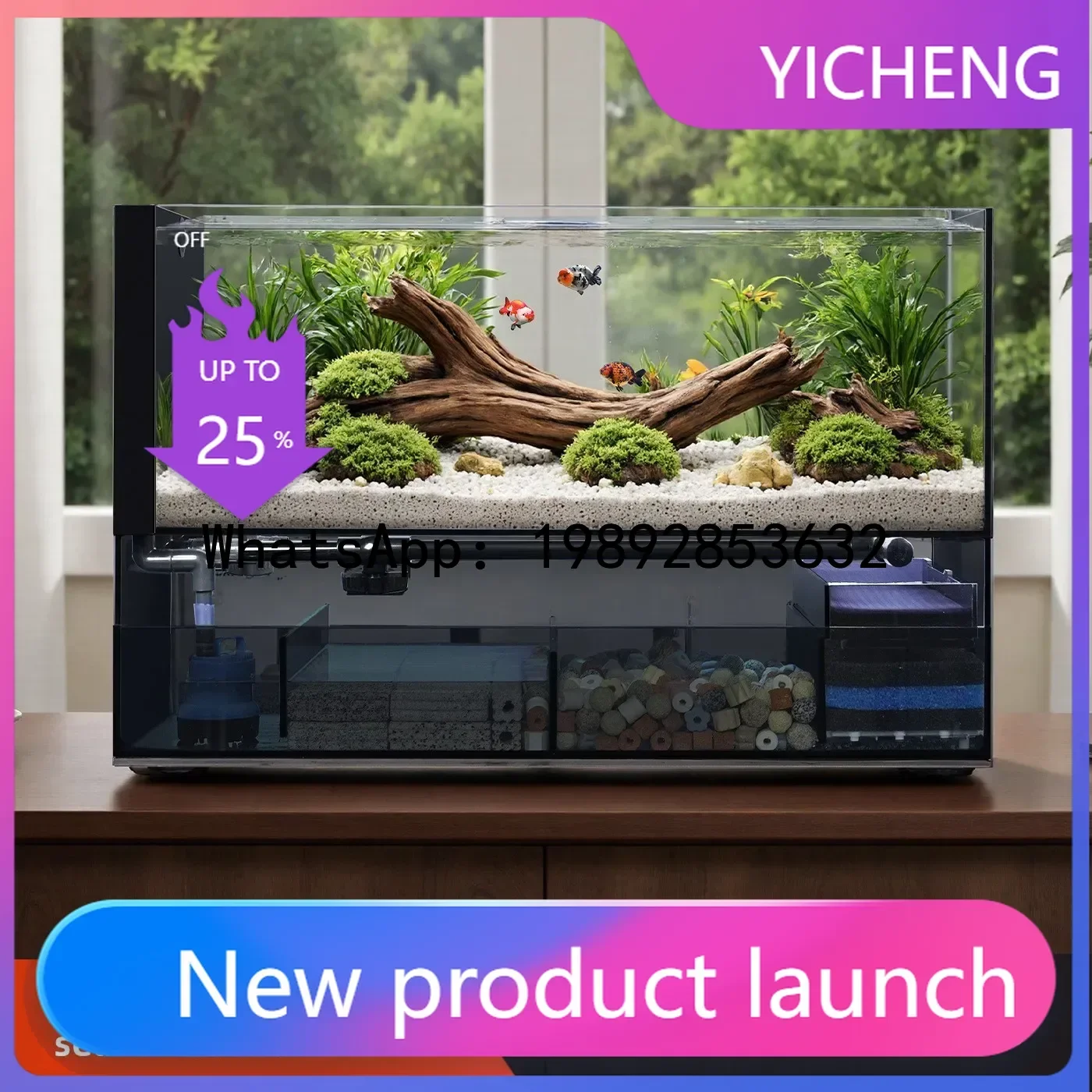 

Gold Crystal Glass Ultra Narrow Fish Tank Filter Oxygen Generator Integrated Bottom Filter Home Living Room Stream Tank