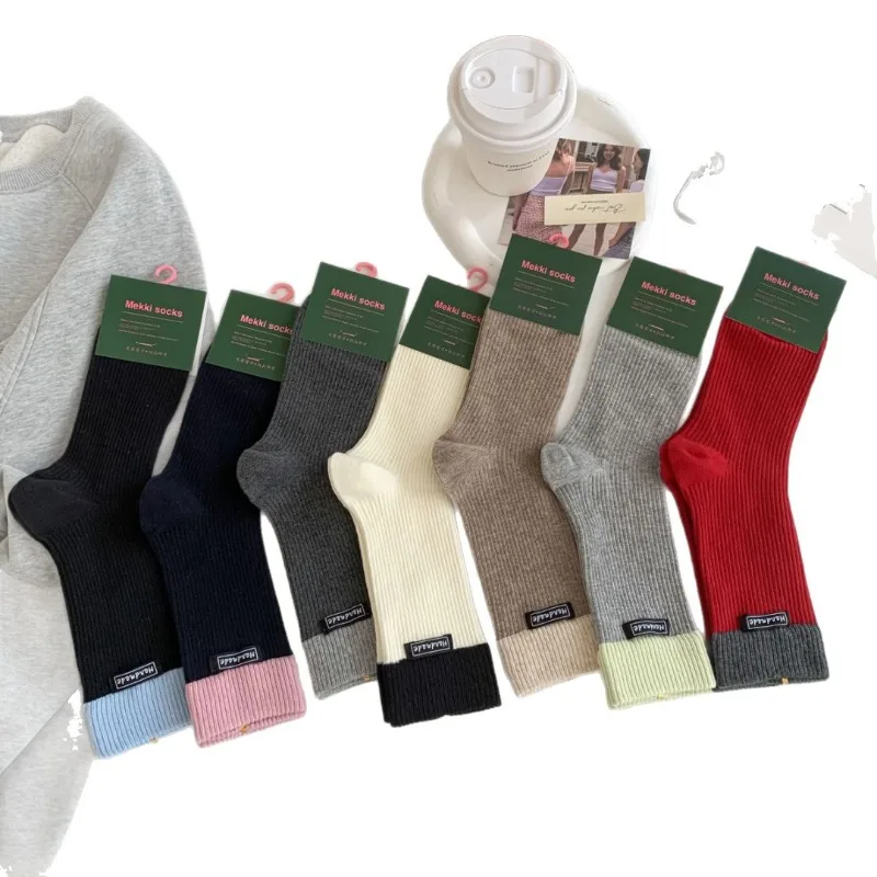 7 pares 2025 outono inverno cor-bloqueada meias femininas meados de bezerro moda casual simples meias de algodão casual meias quentes de alta qualidade