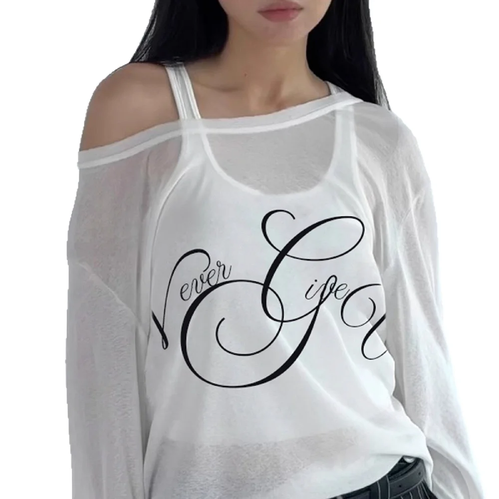 

Ins Street Fashion New Summer Women's Clothing Letter Printed Mesh Transparent Loose Long Sleeve Hoodie Top