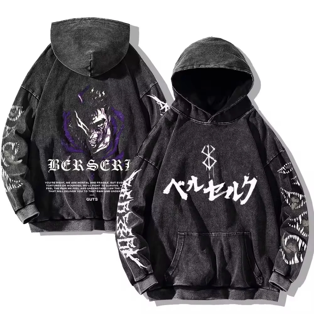 Bluzy męskie Berserk Gothic Print Vintage Washed Hoodie Hip Hop Streetwear Bawełniane bluzy Harajuku Casual Hooded Pullover