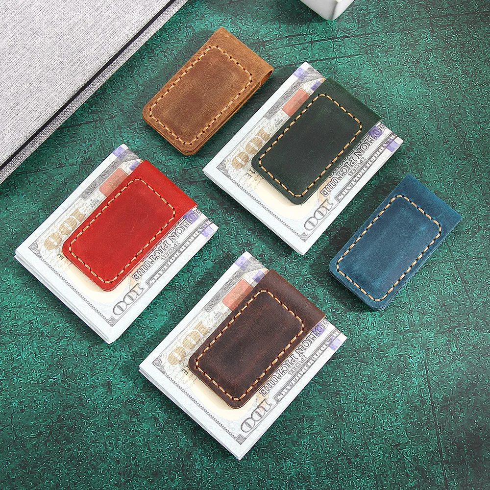 Money Clip Wallet Slim Men Women Vintage Strong Magnet Money Clip Genuine Leather Pocket Clamp Credit Card Cash Wallet