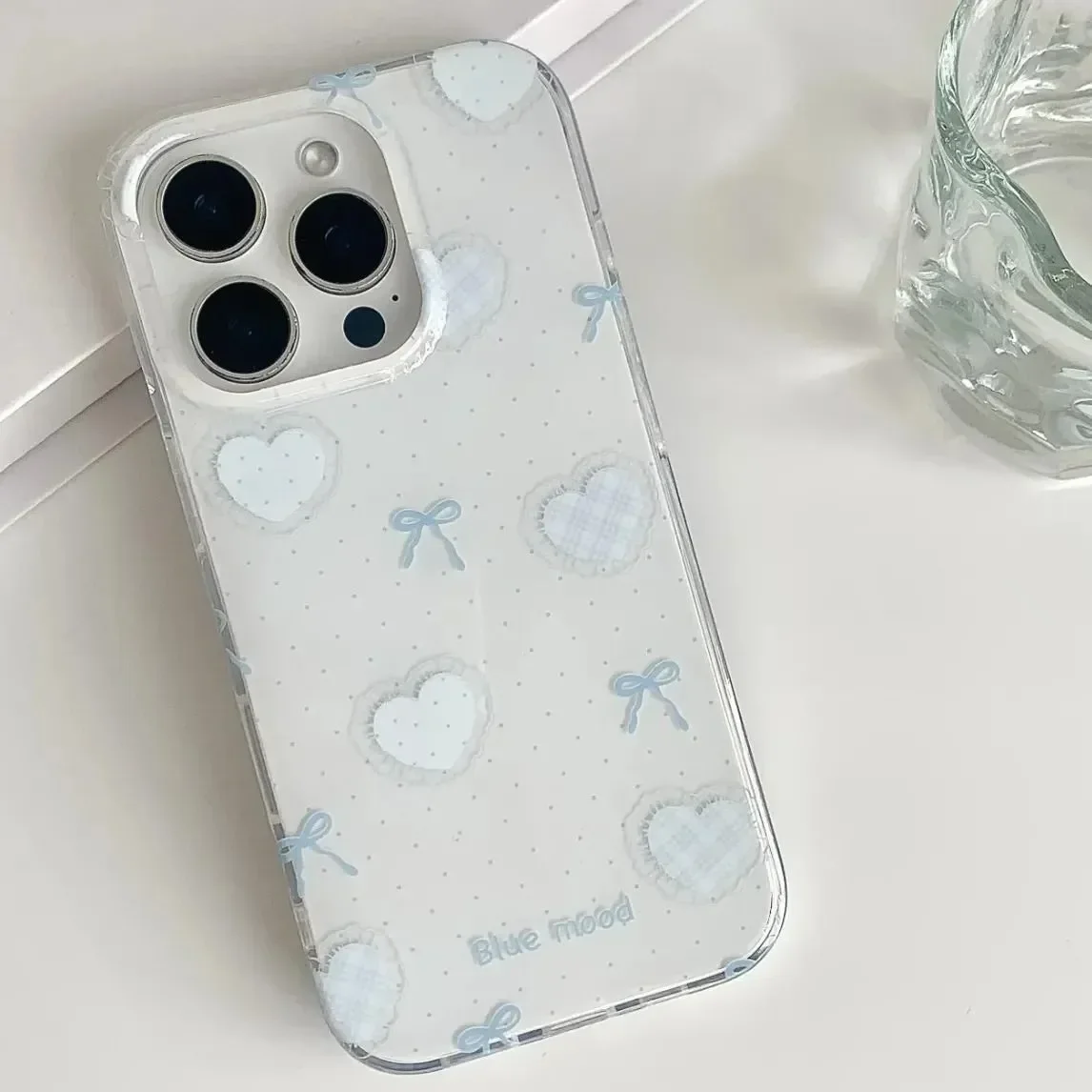 

Ins Blue Polka Dot Bow Phone Case for iPhone 17e 17 16e 16 15 14 13 12 11 Pro Max X XR XSMax Air Plus Feather Texture Back Cover