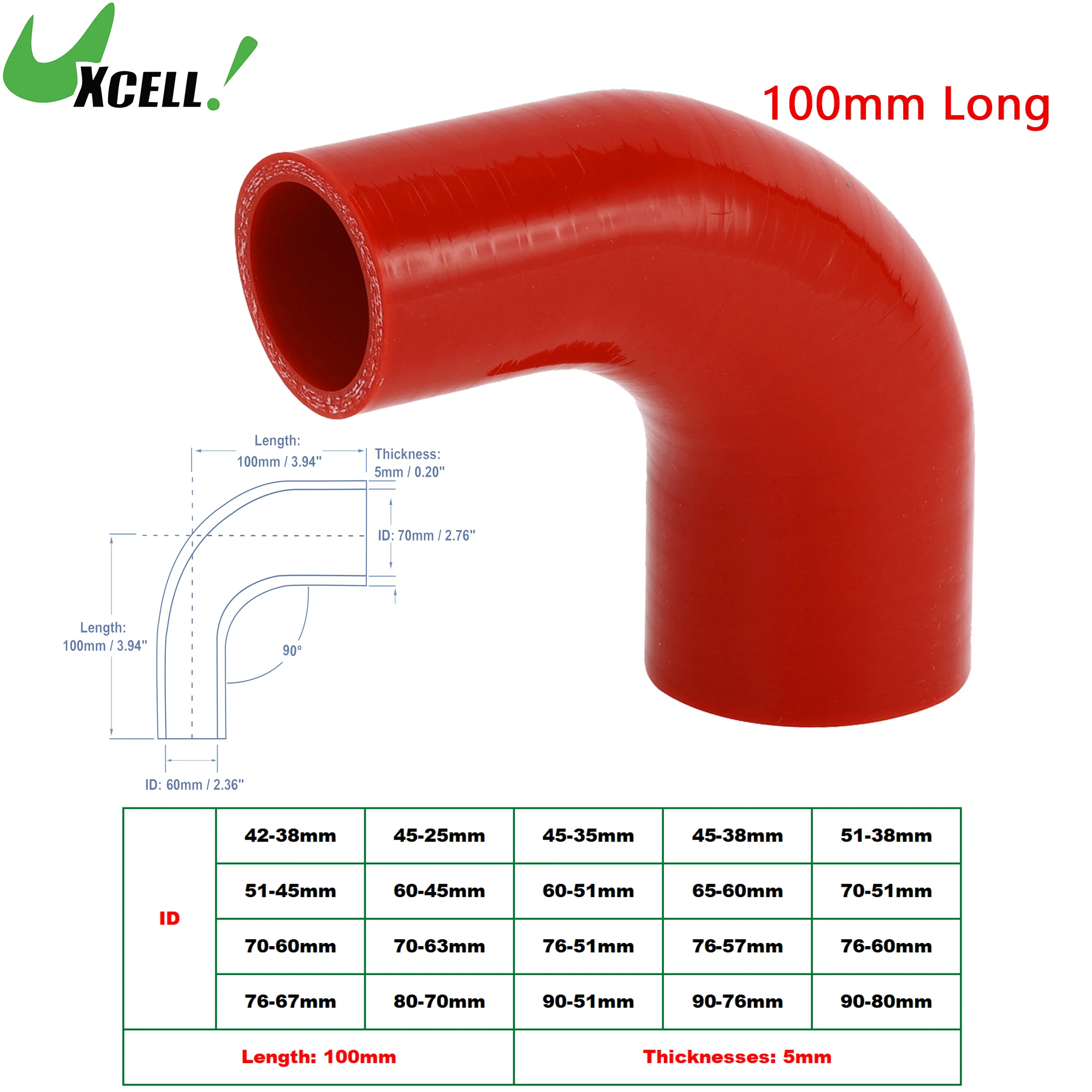 

UXCELL 90 Deg. 42-38mm 45-35mm 51-38mm 60-45mm 65-60mm 70-60mm 76-57mm ID Silicone Hose Coupler Intercooler Tube 100mm Long