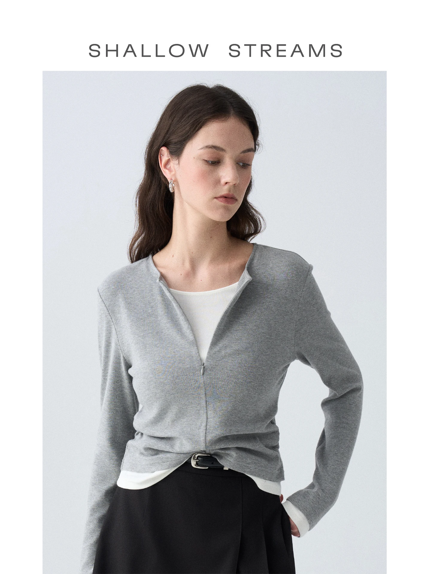 

Shallow Streams Pear Turbulence Sea Unique Design Knitted Long Sleeve Base Shirt Color Block T-Shirt Women's Casual Style
