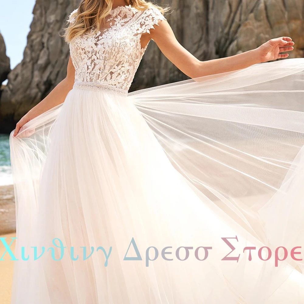 Robe de Mariée Trapèze en Tulle Élégante, Manches Cape, lèvent au Dos, Appliques en Fibre de Dentelle, Traîne de Balayage Classique, VincSpéciale