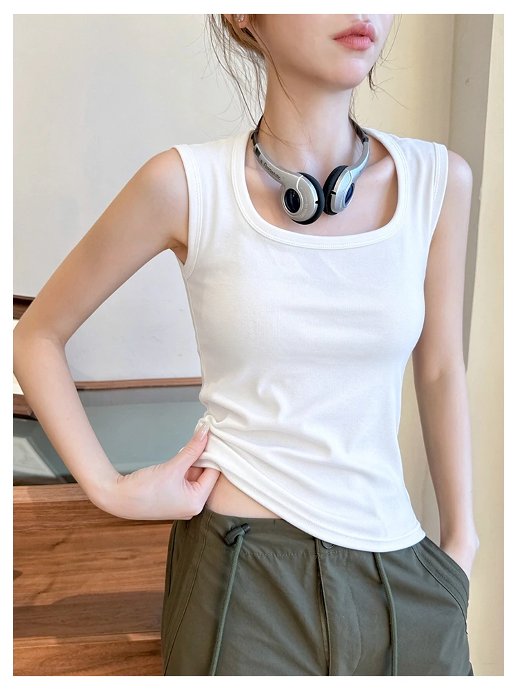 Solides ärmelloses Tanktop für Damen, Sommer-Basic-Top mit dehnbarem, quadratischem Ausschnitt, sexy schulterfreies Top – Detail 8
