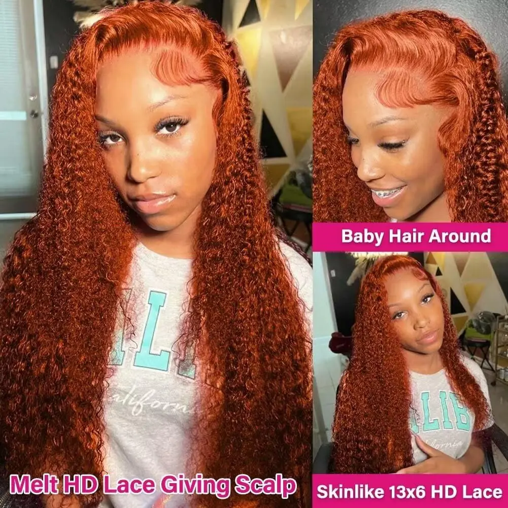 Ginger Human Hair Wig Deep Wave 13x6 HD Lace Front Wig 40 30 Inch 350 Orange Ginger Colored Curly Wigs Preplucked Water Wave