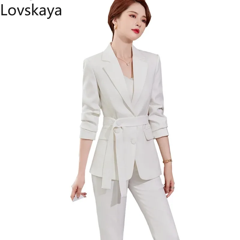 

Ladies Pant Suit With Sashes Women Blue Female Single Breasted Formal Blazer And Trousers 2 Piece Set For Work Wear