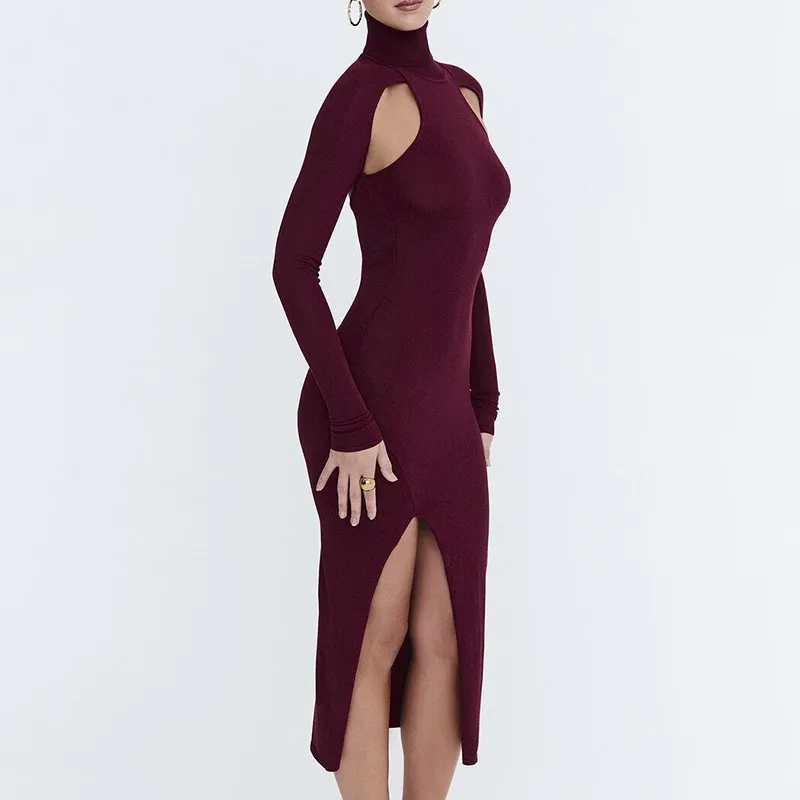 

Deep Cherry Hollow Slit Sexy MidLength Dress High Waist Korean Style Polyester Fabric Long Sleeve Basic Model for Teenagers