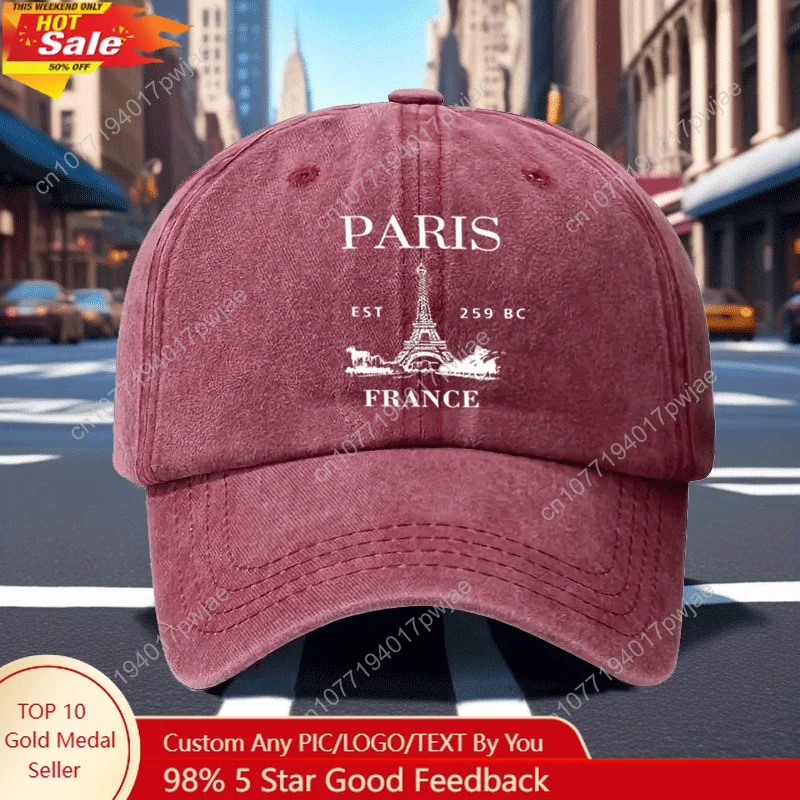 Berretto da baseball lavato con stampa vintage della Torre Eiffel di Parigi da 1 pezzo, cappello da sole morbido con tesa curva casual, berretto sportivo di dimensioni regolabili, Fashi