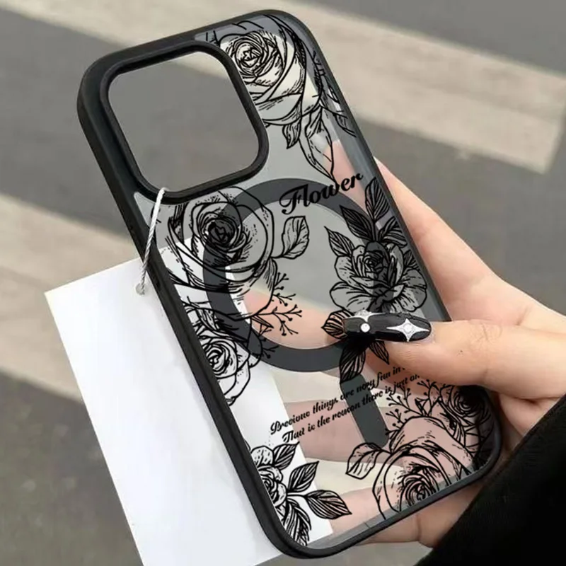 Floral Ultra Transparent Built-In Magnetic Circular Soft Phone Case For iPhone 17 Pro Max 16 15 14 Plus 13 12 11 Air Clear Cover
