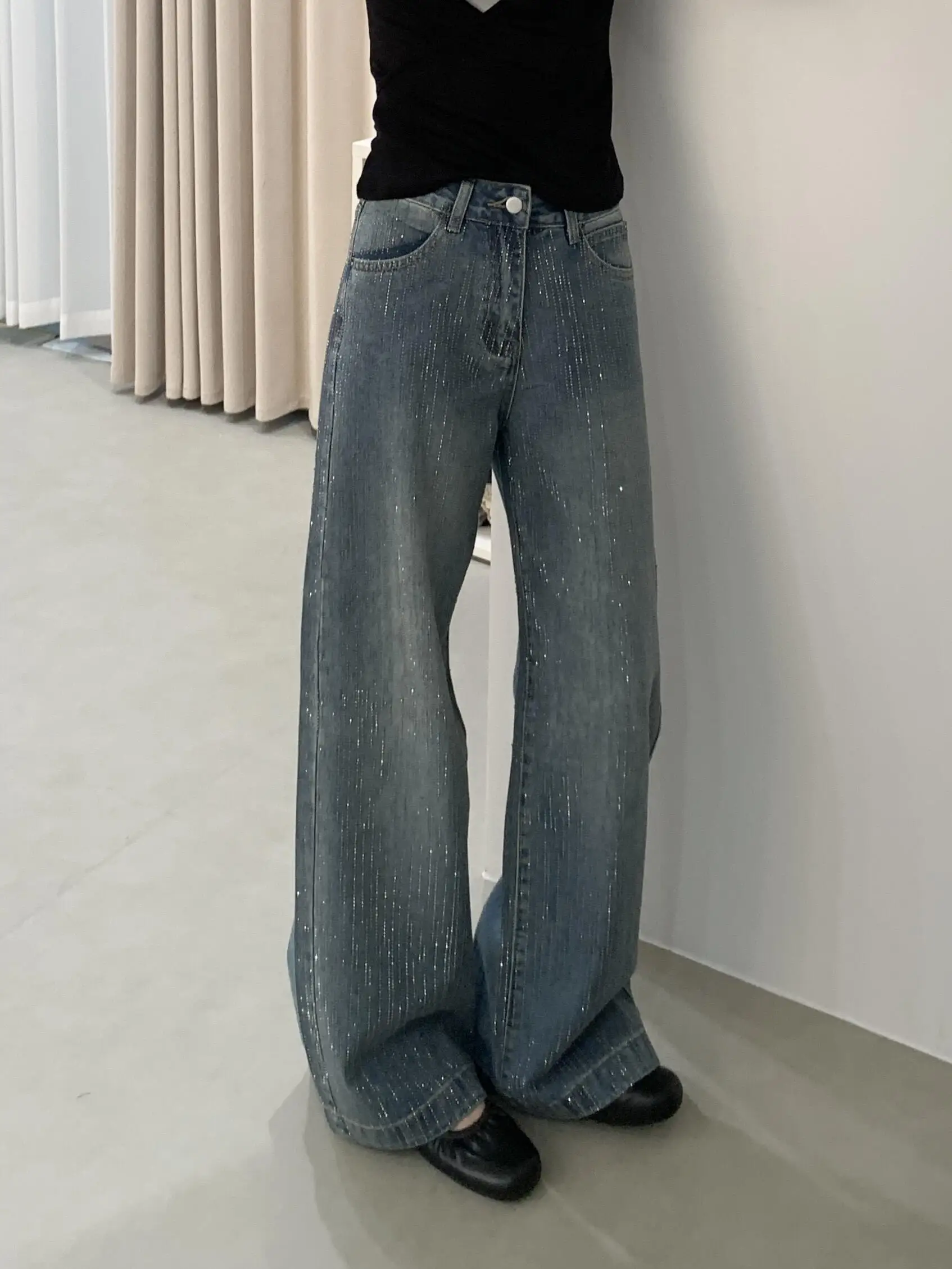 

Женские зимние модные джинсы из плотного денима с флисовой подкладкой, широкие прямые штанины, украшенные стразами, с высокой талией