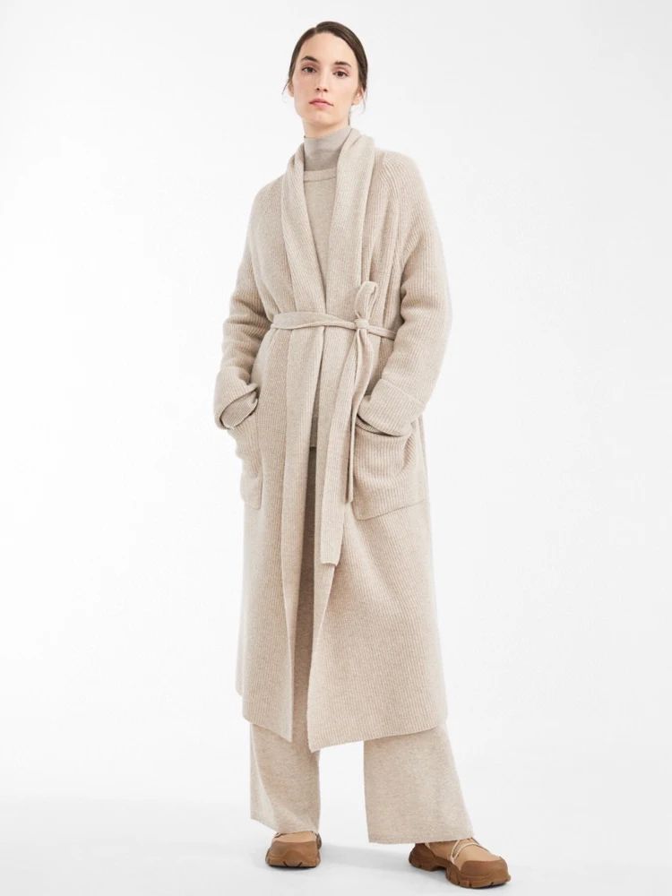 2022 Autumn Winter Cardigan Sweater Cashmere White Loose V Neck Long Sleeve Solid Color Sashes Fashion Trend New