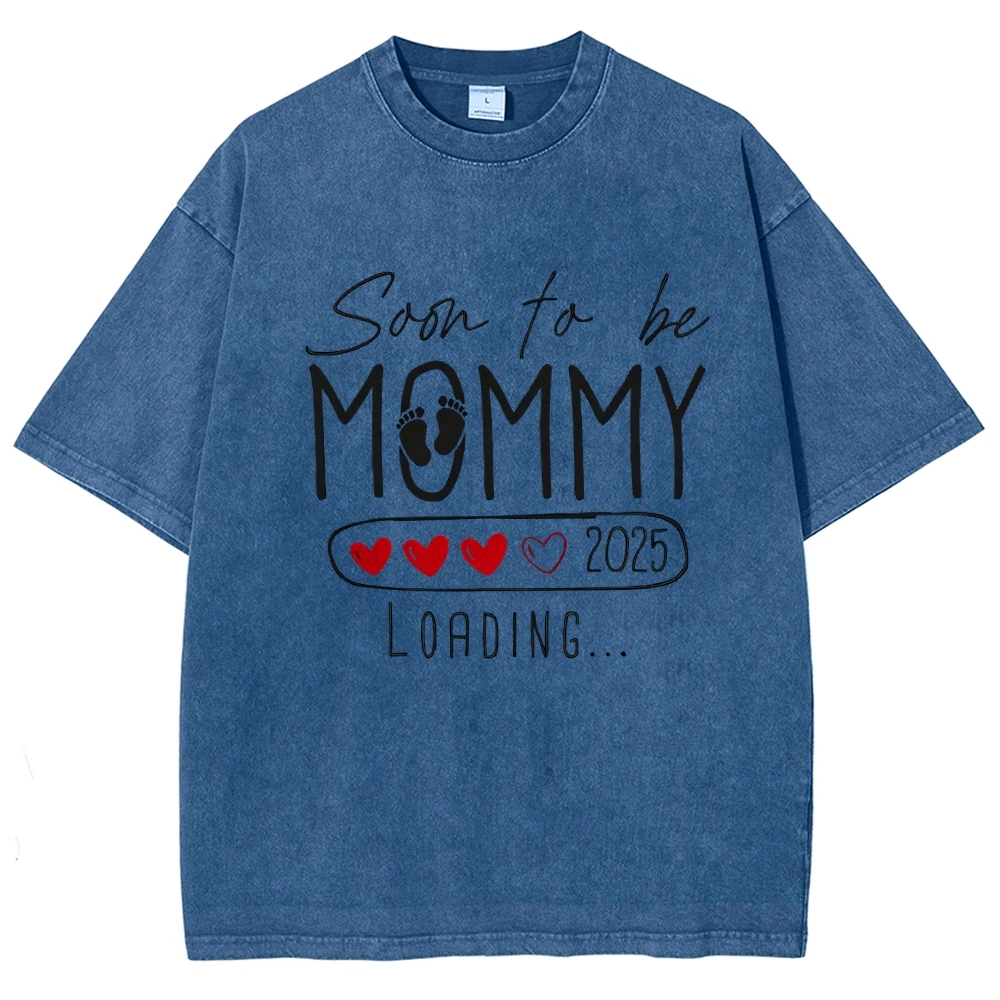 Y2K Round Neck Short Sleeved Soon To Be MOMMY EST 2025 Washed Denim T Shirts Summer Unisex Gift Anniversary costumes 15 Colors